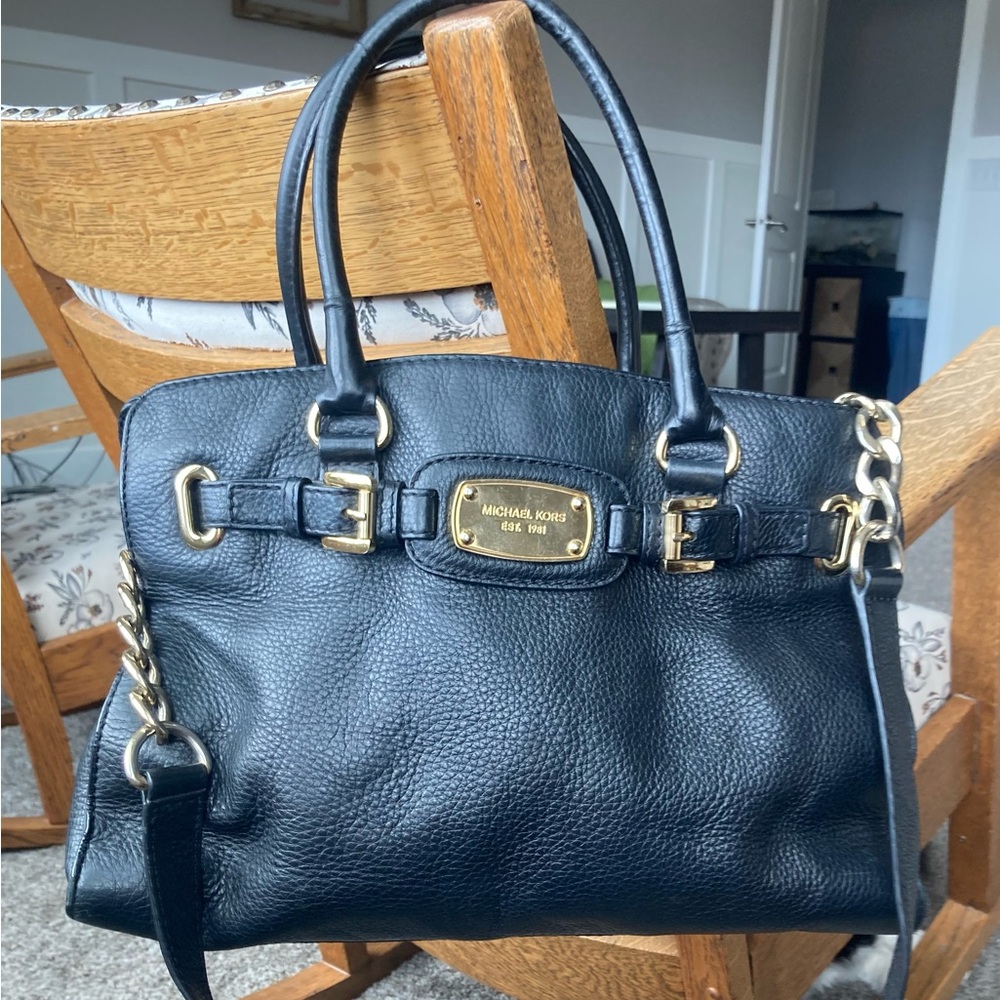 Michael Kors Black leather Hamilton satchel handbag shoulder bag purse